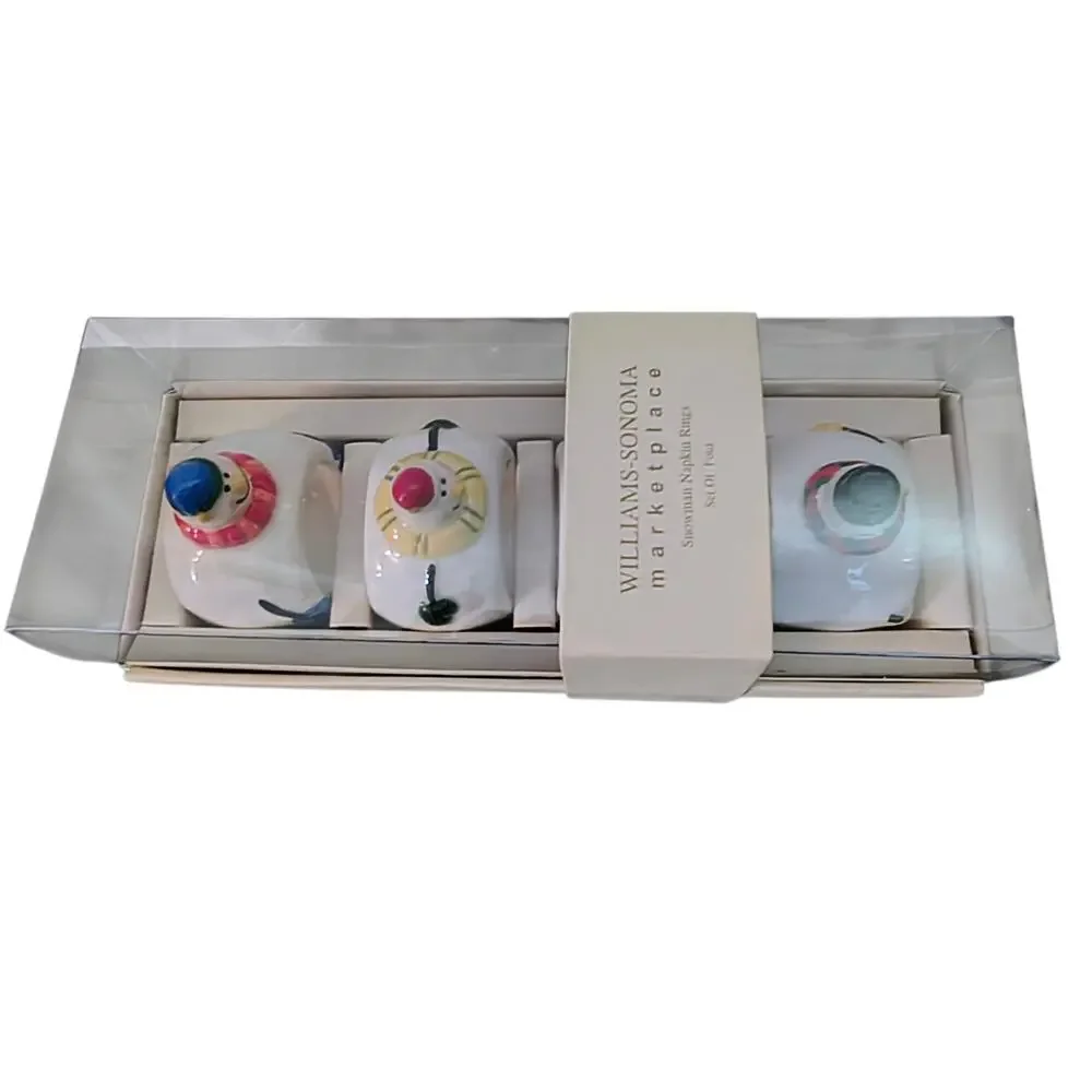 Set of 4 Williams Sonoma Snowman Ceramic Napkin Rings Holiday Christmas